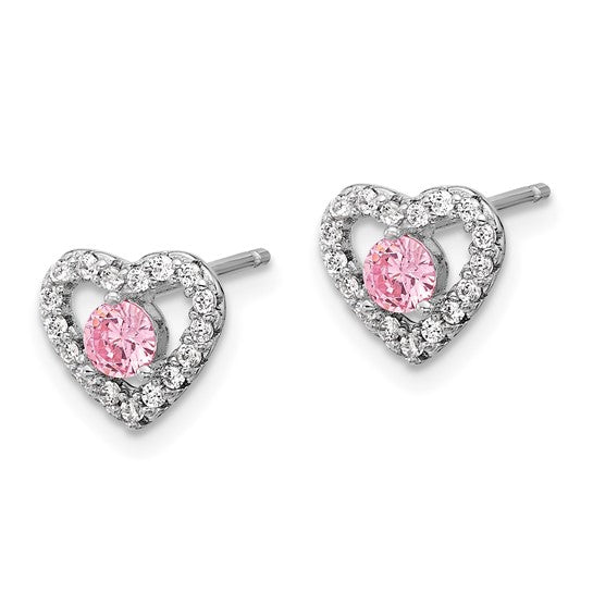 Sterling Silver Rhodium-Plated Children's Pink & White CZ Heart Necklace & Stud Earring Set