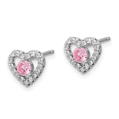 Sterling Silver Rhodium-Plated Children's Pink & White CZ Heart Necklace & Stud Earring Set