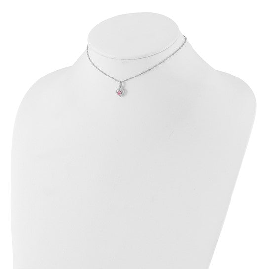 Sterling Silver Rhodium-Plated Children's Pink & White CZ Heart Necklace & Stud Earring Set