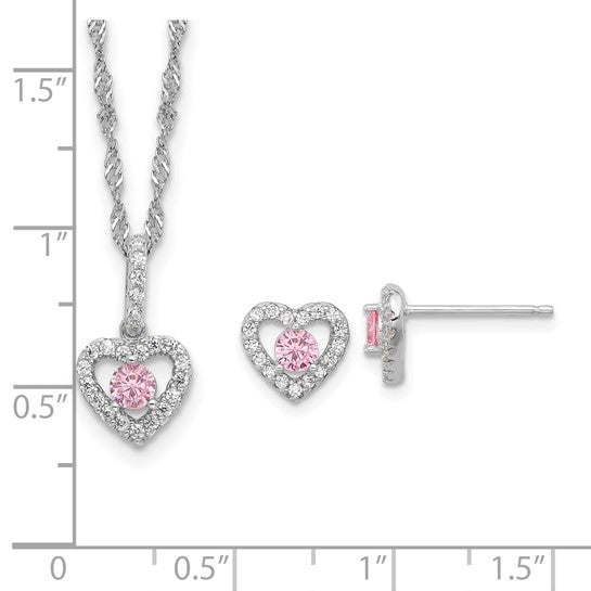 Sterling Silver Rhodium-Plated Children's Pink & White CZ Heart Necklace & Stud Earring Set