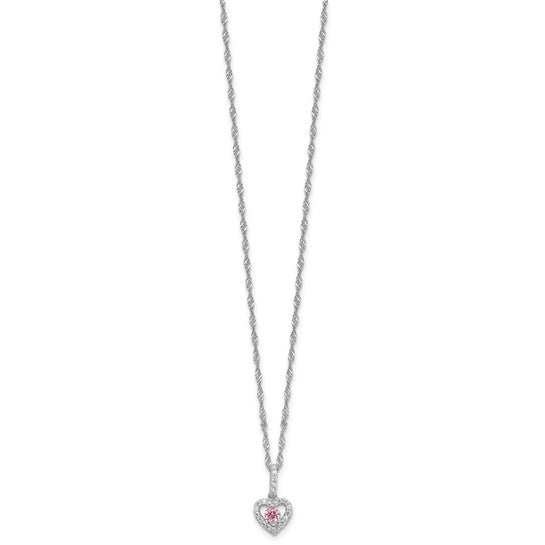 Sterling Silver Rhodium-Plated Children's Pink & White CZ Heart Necklace & Stud Earring Set