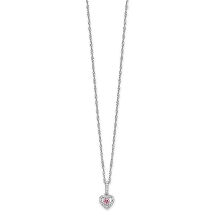 Sterling Silver Rhodium-Plated Children's Pink & White CZ Heart Necklace & Stud Earring Set