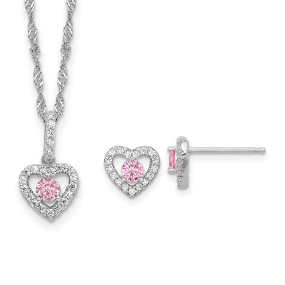 Sterling Silver Rhodium-Plated Children's Pink & White CZ Heart Necklace & Stud Earring Set