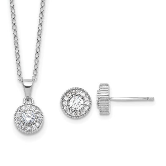 Sterling Silver Rhodium-Plated CZ Solitaire Necklace & Post Earring Set