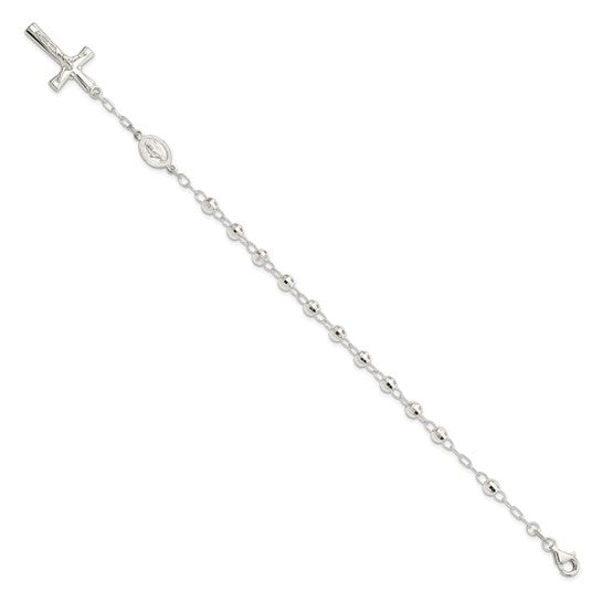 Sterling Silver Polished Beaded Rosary Bracelet - 7.5 Inches