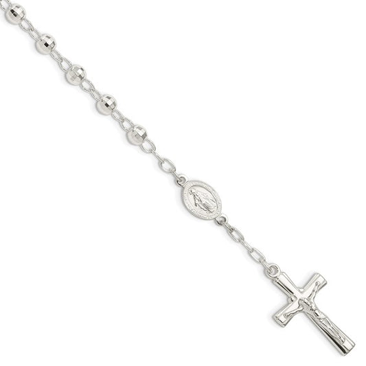 Sterling Silver Polished Beaded Rosary Bracelet - 7.5 Inches