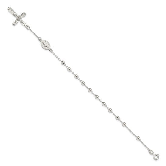 Sterling Silver Polished Beaded Rosary Bracelet - 7.5 Inches