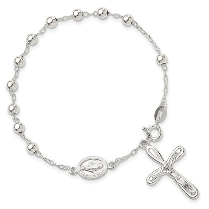 Sterling Silver Polished Beaded Rosary Bracelet - 7.5 Inches