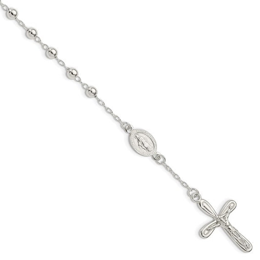 Sterling Silver Polished Beaded Rosary Bracelet - 7.5 Inches