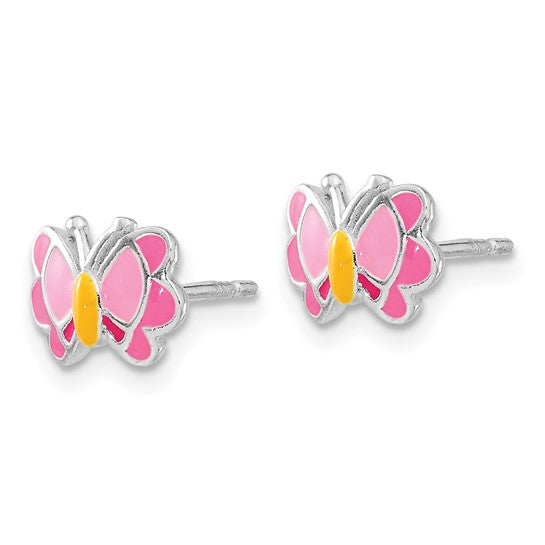 Sterling Silver Pink & Orange Enameled Butterfly Children's Post Earrings & Necklace Set