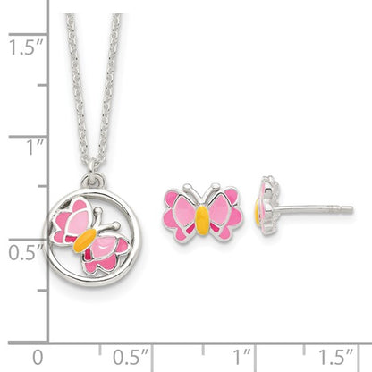 Sterling Silver Pink & Orange Enameled Butterfly Children's Post Earrings & Necklace Set