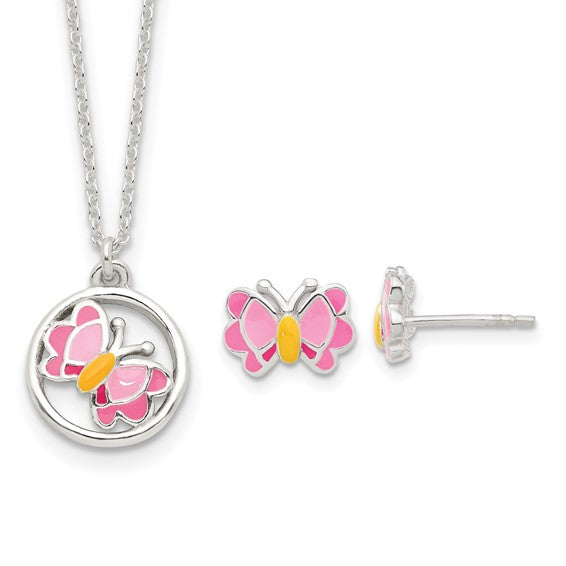 Sterling Silver Pink & Orange Enameled Butterfly Children's Post Earrings & Necklace Set