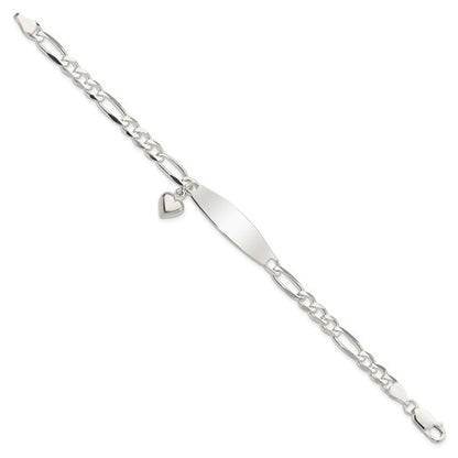 Sterling Silver Women's Figaro Link ID Bracelet with Heart Charm