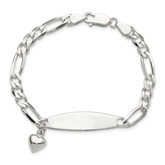 Sterling Silver Women's Figaro Link ID Bracelet with Heart Charm