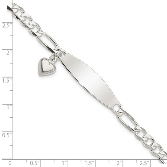 Sterling Silver Women's Figaro Link ID Bracelet with Heart Charm