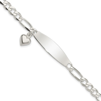 Sterling Silver Women's Figaro Link ID Bracelet with Heart Charm