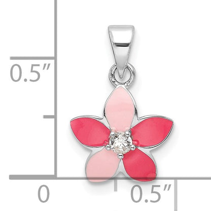 Sterling Silver Pink Enameled CZ Flower Charm Pendant