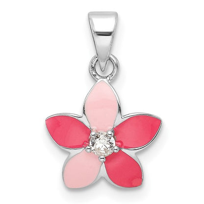 Sterling Silver Pink Enameled CZ Flower Charm Pendant