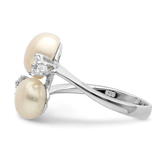 Sterling Silver 8-9 mm Freshwater Cultured Pearl & CZ Stones Ring