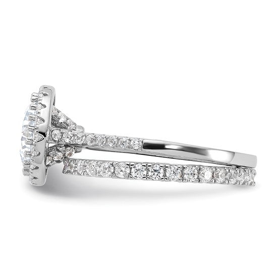 Sterling Silver Rhodium-Plated 2-Piece CZ Halo Engagement Ring and Eternity Band Set