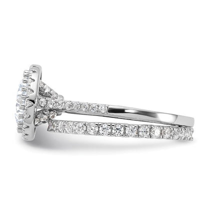 Sterling Silver Rhodium-Plated 2-Piece CZ Halo Engagement Ring and Eternity Band Set