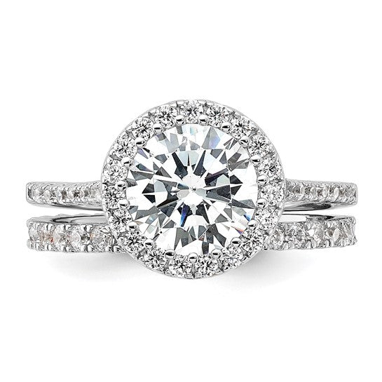 Sterling Silver Rhodium-Plated 2-Piece CZ Halo Engagement Ring and Eternity Band Set