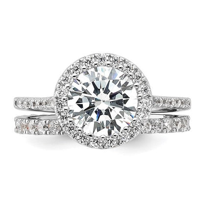 Sterling Silver Rhodium-Plated 2-Piece CZ Halo Engagement Ring and Eternity Band Set