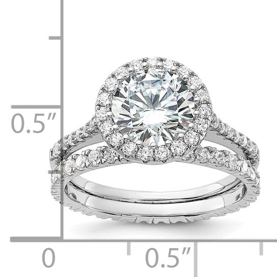 Sterling Silver Rhodium-Plated 2-Piece CZ Halo Engagement Ring and Eternity Band Set