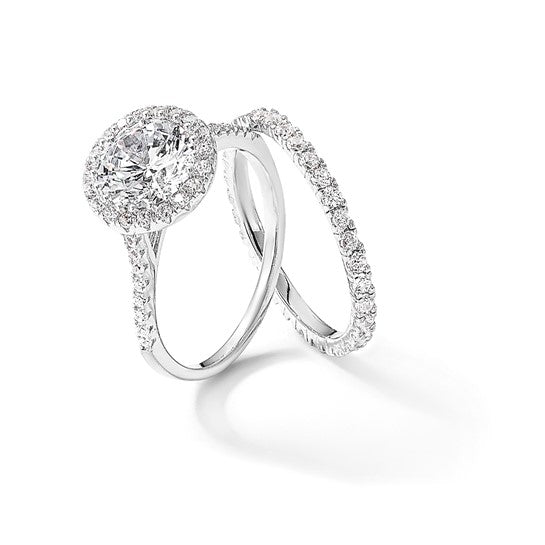 Sterling Silver Rhodium-Plated 2-Piece CZ Halo Engagement Ring and Eternity Band Set