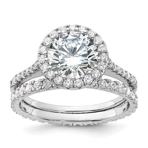 Sterling Silver Rhodium-Plated 2-Piece CZ Halo Engagement Ring and Eternity Band Set