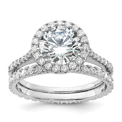 Sterling Silver Rhodium-Plated 2-Piece CZ Halo Engagement Ring and Eternity Band Set