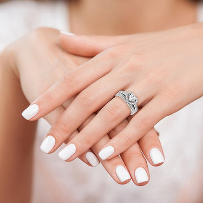 Sterling Silver Rhodium-Plated 2-Piece CZ Heart Engagement Ring and Band Set