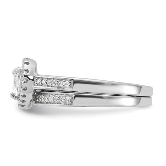 Sterling Silver Rhodium-Plated 2-Piece CZ Heart Engagement Ring and Band Set