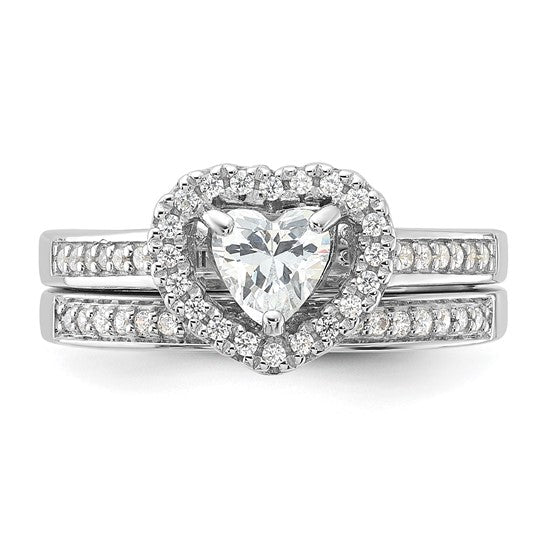 Sterling Silver Rhodium-Plated 2-Piece CZ Heart Engagement Ring and Band Set