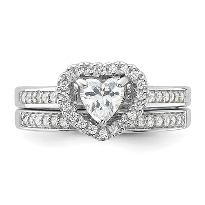 Sterling Silver Rhodium-Plated 2-Piece CZ Heart Engagement Ring and Band Set
