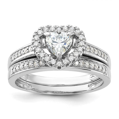 Sterling Silver Rhodium-Plated 2-Piece CZ Heart Engagement Ring and Band Set