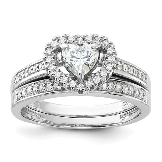Sterling Silver Rhodium-Plated 2-Piece CZ Heart Engagement Ring and Band Set