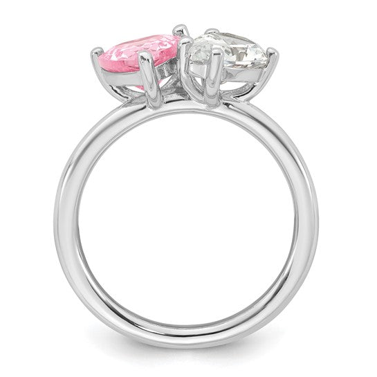 Sterling Silver Polished White Pear Shape & Pink Heart-Cut CZ Ring