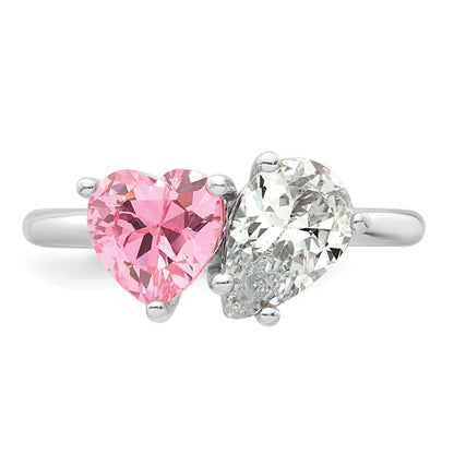 Sterling Silver Polished White Pear Shape & Pink Heart-Cut CZ Ring