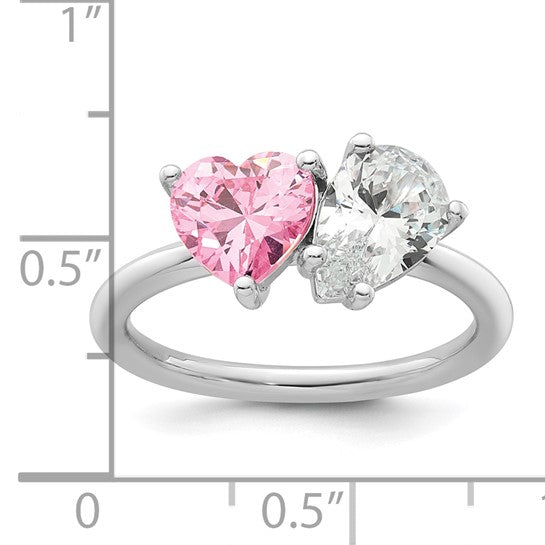 Sterling Silver Polished White Pear Shape & Pink Heart-Cut CZ Ring