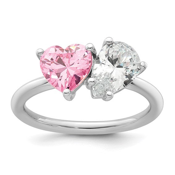 Sterling Silver Polished White Pear Shape & Pink Heart-Cut CZ Ring