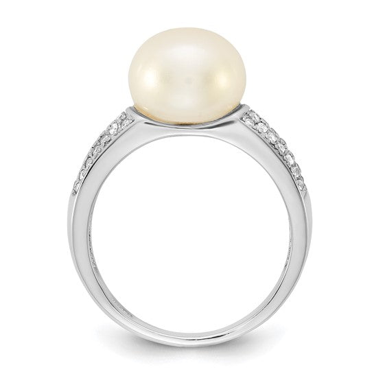 Sterling Silver 9-10 mm Freshwater Cultured Pearl & CZ Stones Ring