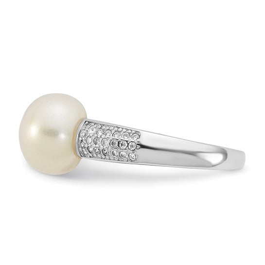 Sterling Silver 9-10 mm Freshwater Cultured Pearl & CZ Stones Ring