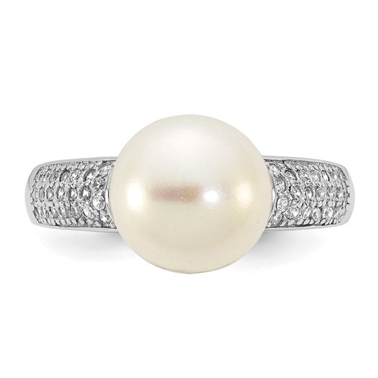 Sterling Silver 9-10 mm Freshwater Cultured Pearl & CZ Stones Ring