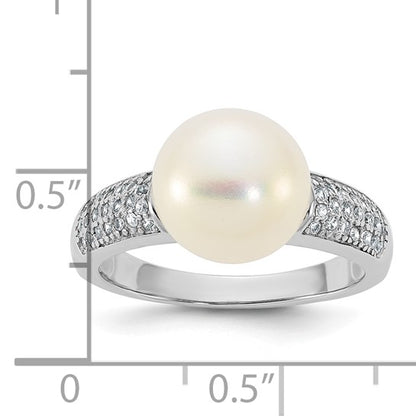 Sterling Silver 9-10 mm Freshwater Cultured Pearl & CZ Stones Ring