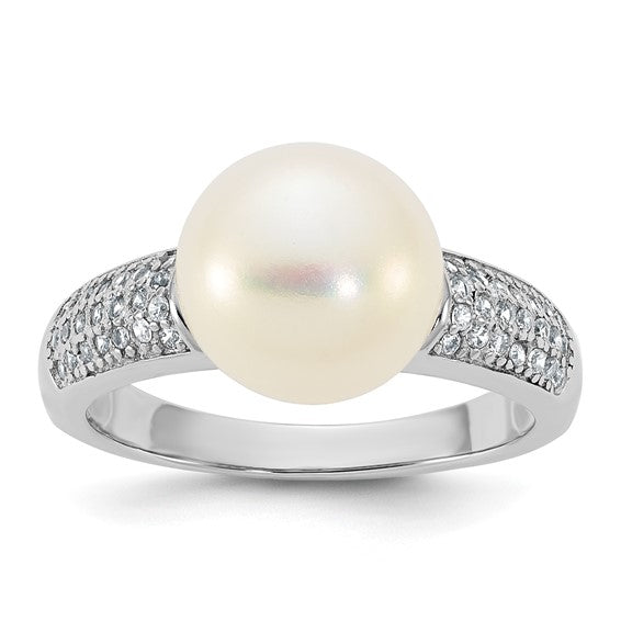 Sterling Silver 9-10 mm Freshwater Cultured Pearl & CZ Stones Ring