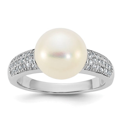 Sterling Silver 9-10 mm Freshwater Cultured Pearl & CZ Stones Ring