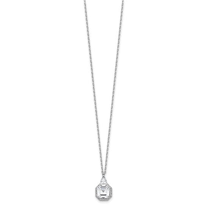 Sterling Silver Rhodium-Plated CZ Solitaire Halo Teardrop Necklace