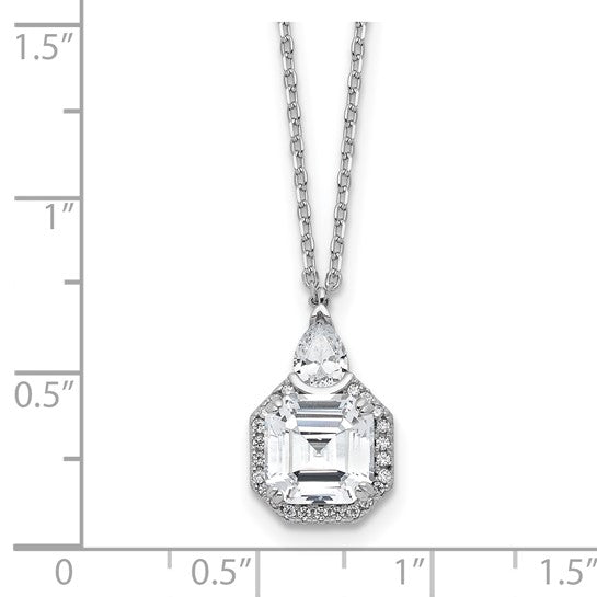 Sterling Silver Rhodium-Plated CZ Solitaire Halo Teardrop Necklace