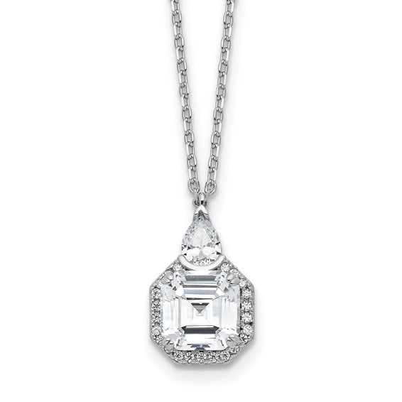 Sterling Silver Rhodium-Plated CZ Solitaire Halo Teardrop Necklace